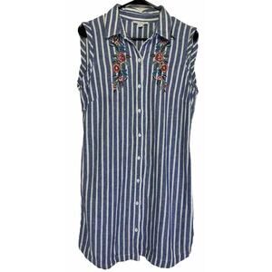 Beach Lunch Lounge Linen Blend Stripe Embroidered Dress Medium Button Down